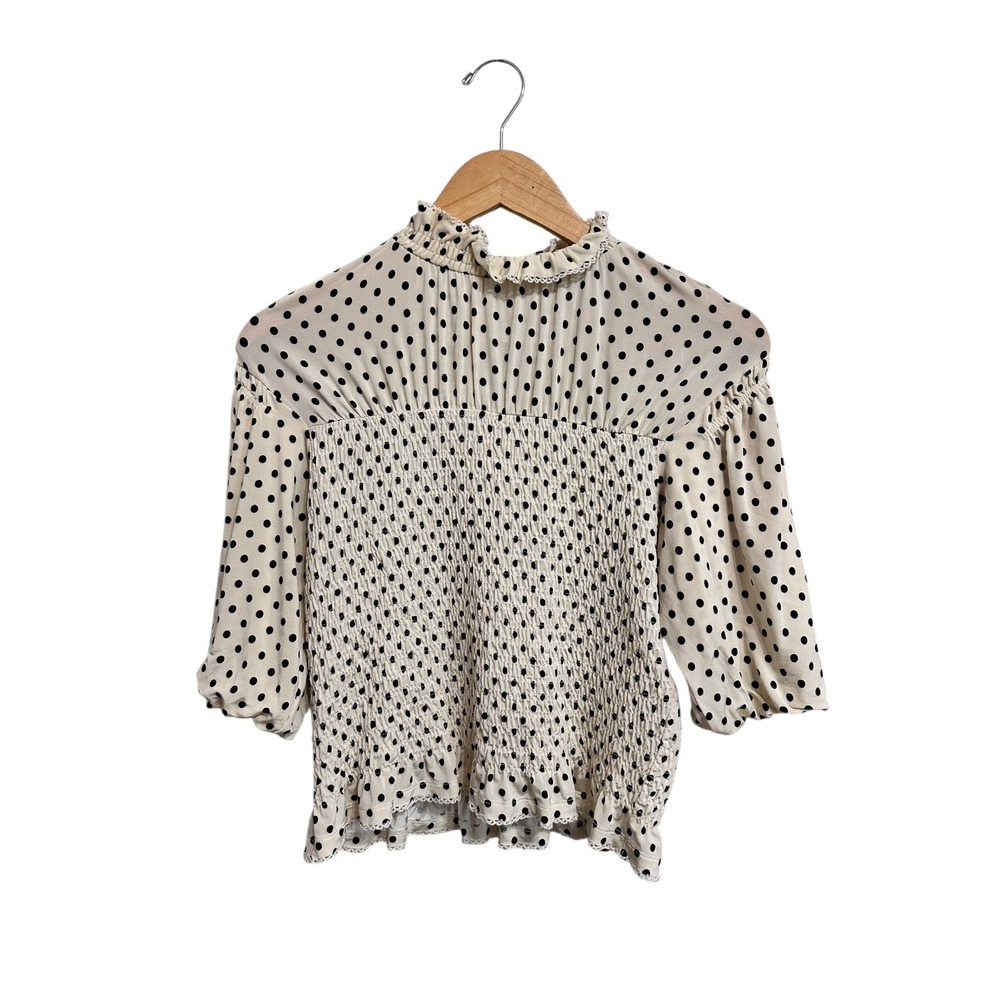Sandro Racine smocked Polka Dot ecru black Mock Neck Puff Sleeve Blouse size 2 - Picture 5 of 5
